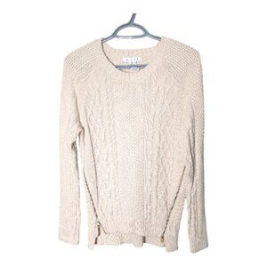 CAbi Cream Cable Knit Fisherman Style Crew Neck‎ Sweater Zippers Size Medium